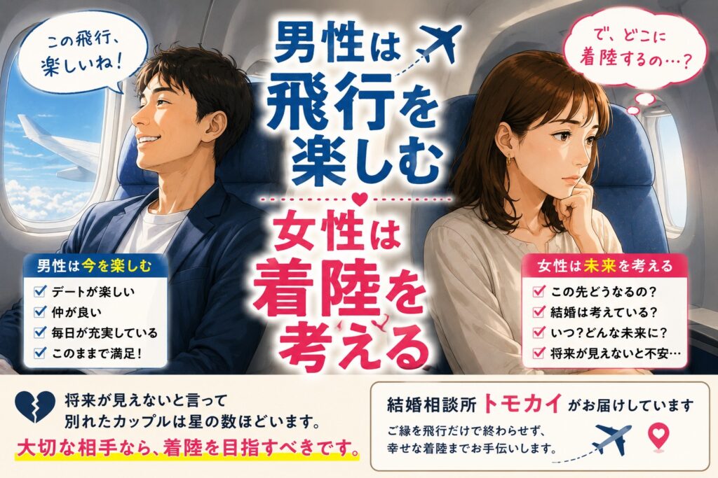 男性は飛行を楽しみ、女性は着陸を考える