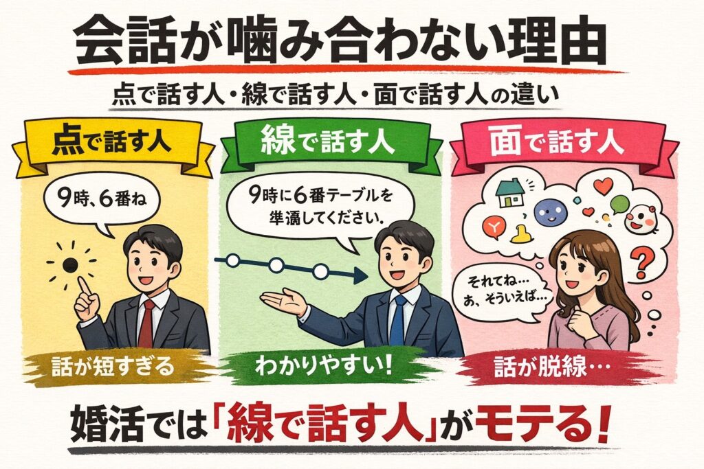 会話が噛み合わない理由｜点で話す人・線で話す人・面で話す人の違い
